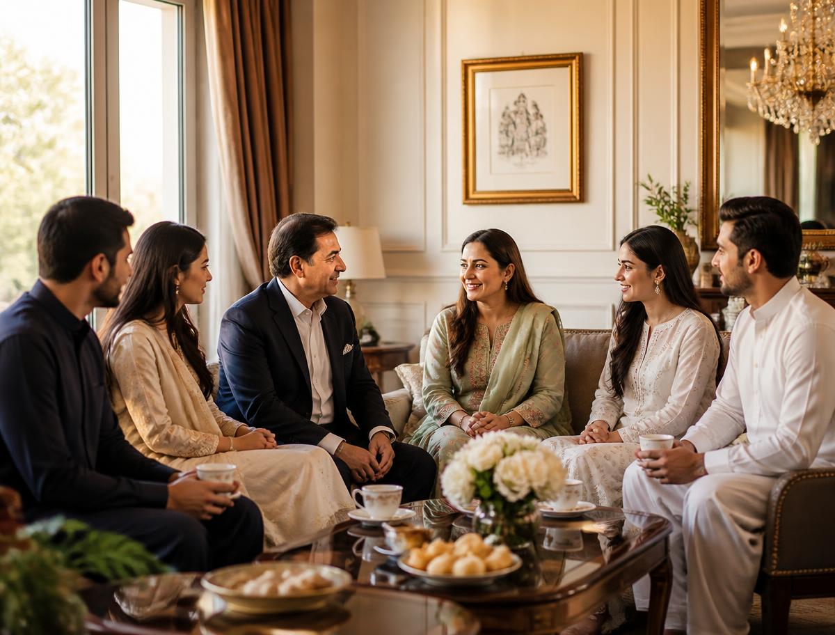 Two families meeting over tea in an elegant living room
